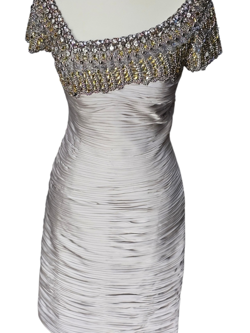Terani Couture Champagne Midi Dress with Silver Embellished Neckline - Picture 3 of 11